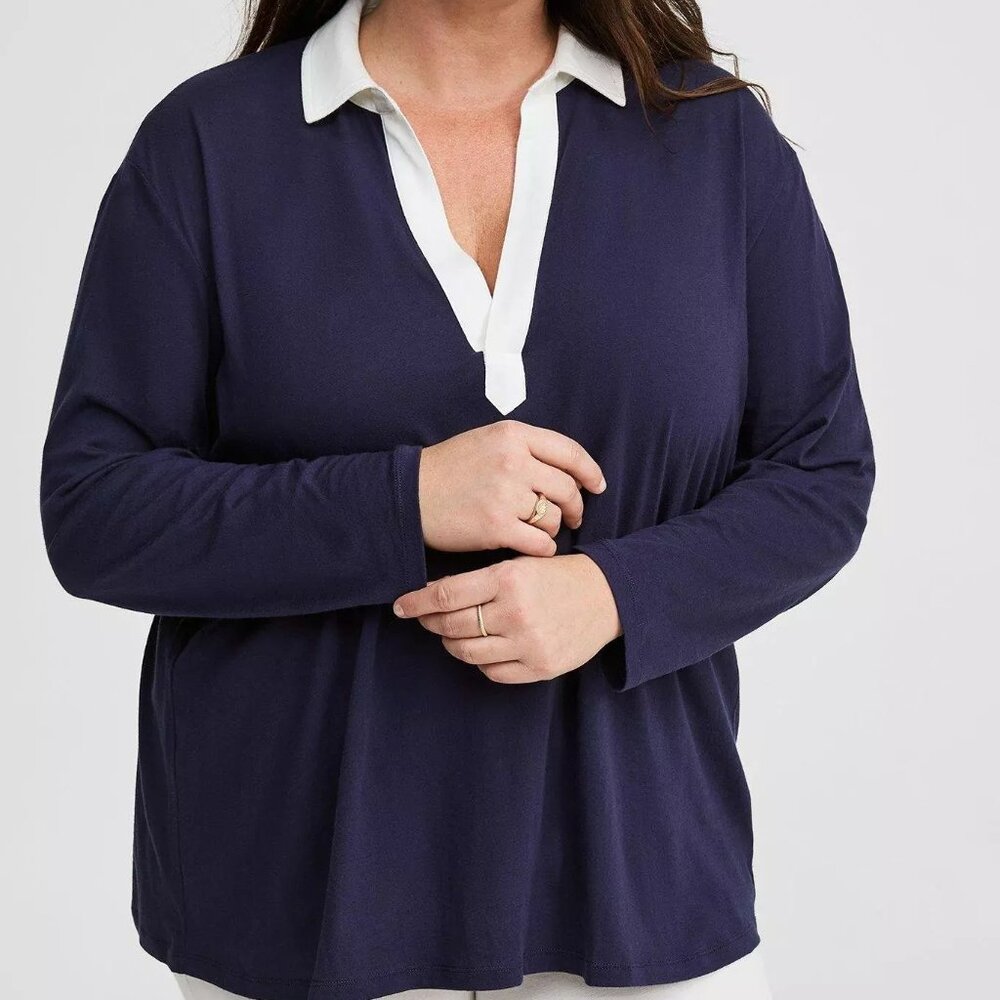 Torrid Navy Long Sleeve Polo Top with White Trim
